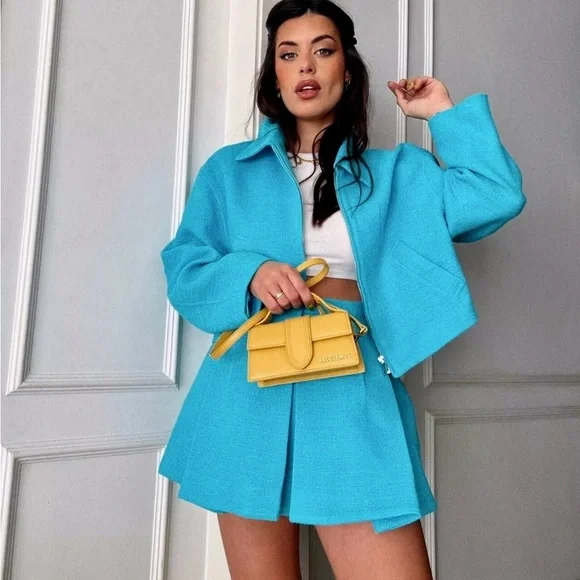 Zara NWT tweed  blue mini pleated skort / skirt with built in hidden shorts - Picture 5 of 12